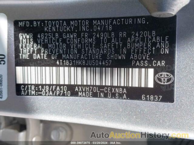 TOYOTA CAMRY LE, 4T1B31HK8JU504457