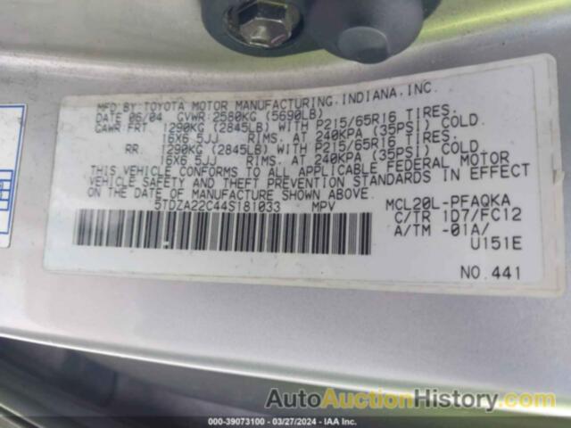 TOYOTA SIENNA XLE, 5TDZA22C44S181033