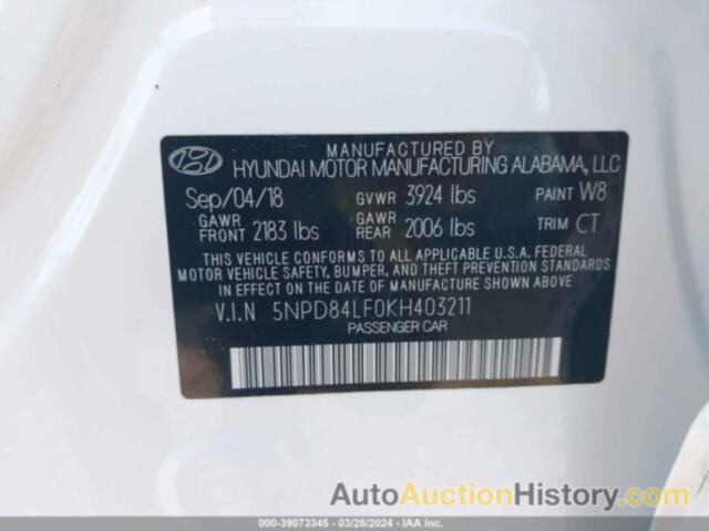 HYUNDAI ELANTRA SEL, 5NPD84LF0KH403211