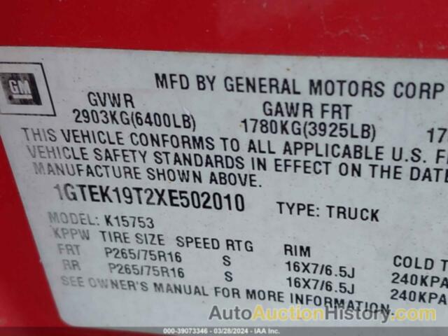 GMC NEW SIERRA K1500, 1GTEK19T2XE502010