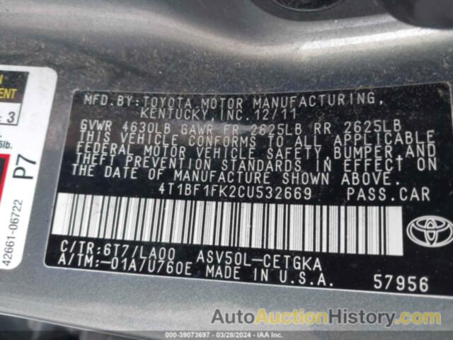 TOYOTA CAMRY XLE, 4T1BF1FK2CU532669