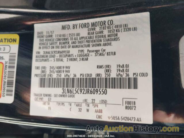 LINCOLN MKZ SELECT, 3LN6L5C92JR609550