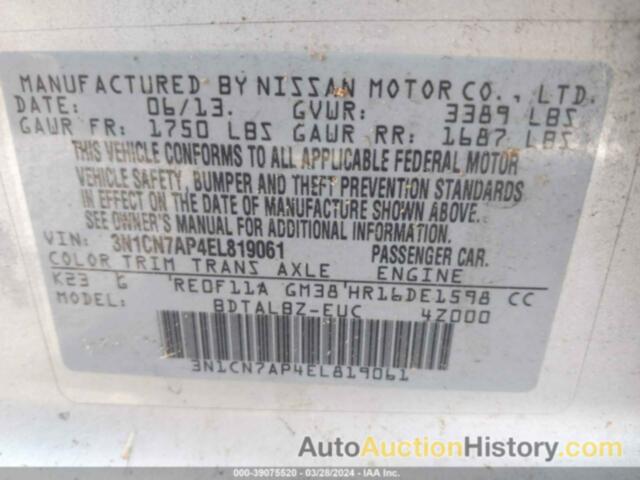 NISSAN VERSA 1.6 SV, 3N1CN7AP4EL819061