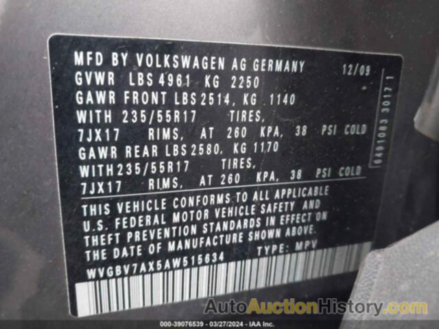 VOLKSWAGEN TIGUAN WOLFSBURG EDITION, WVGBV7AX5AW515634