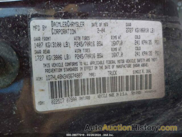 DODGE DAKOTA SLT, 1D7HL48N34S674807