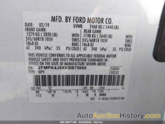 FORD EDGE SEL, 2FMPK4J9XKBB75060