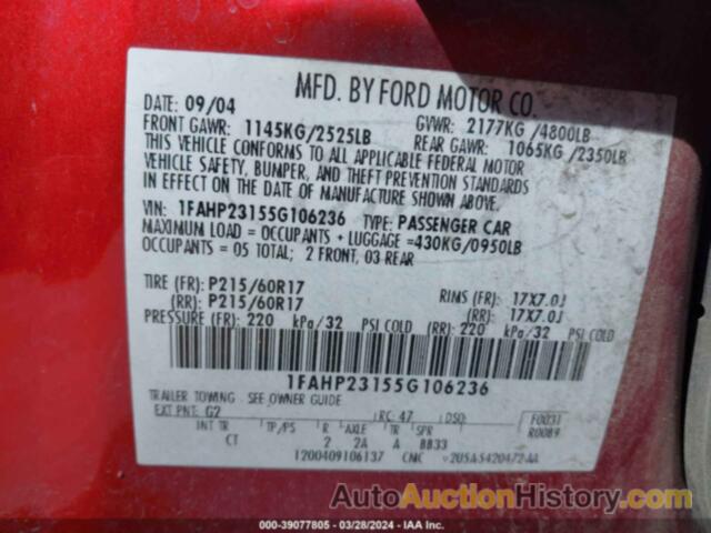 FORD FIVE HUNDRED SE, 1FAHP23155G106236