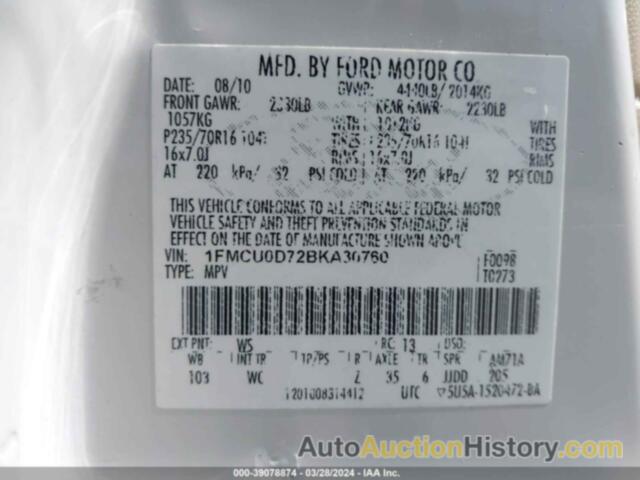 FORD ESCAPE XLT, 1FMCU0D72BKA30760