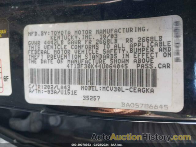 TOYOTA CAMRY XLE V6, 4T1BF30K44U064045