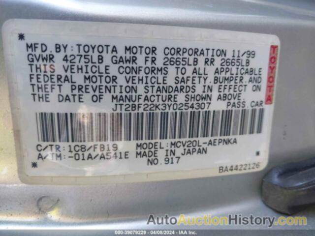 TOYOTA CAMRY LE V6, JT2BF22K3Y0254307