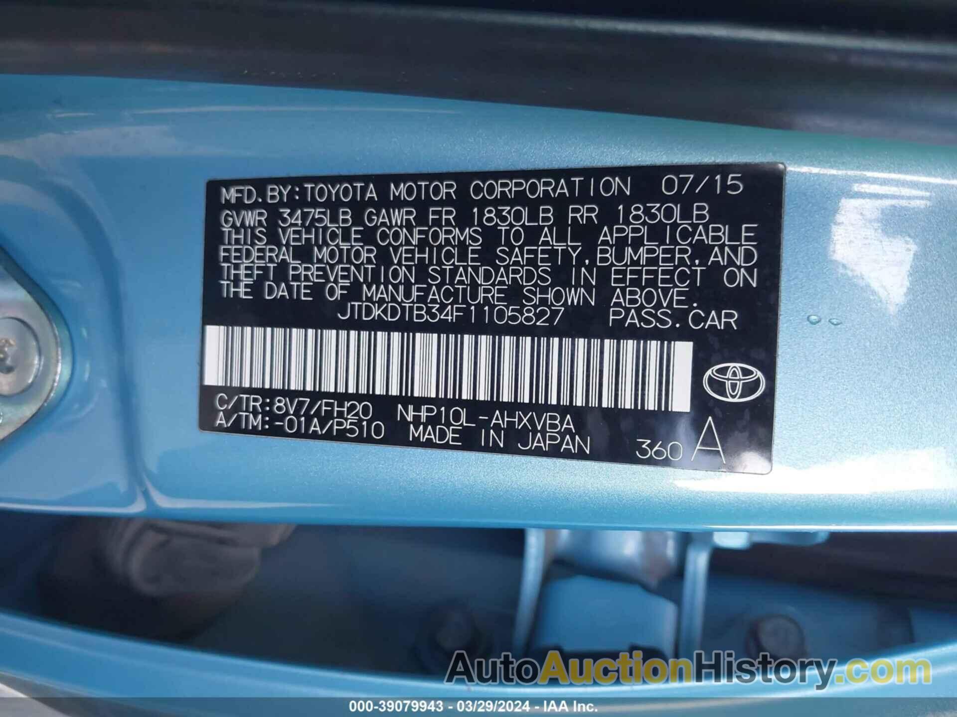 TOYOTA PRIUS C ONE, JTDKDTB34F1105827