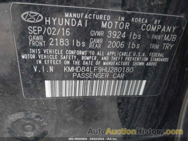 HYUNDAI ELANTRA SE/VALUE/LIMITED, KMHD84LF9HU280180