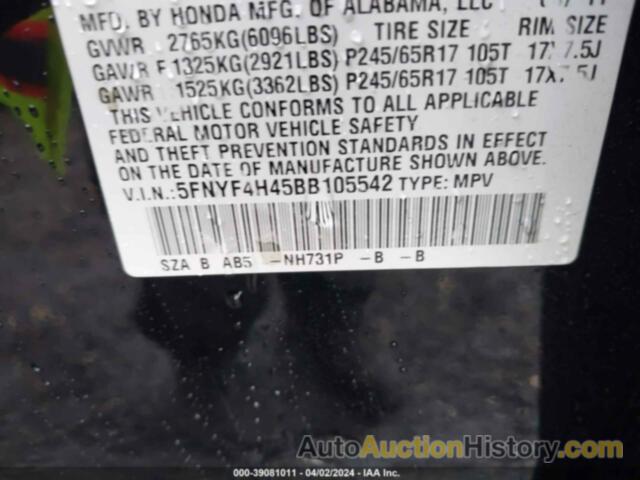 HONDA PILOT EX, 5FNYF4H45BB105542