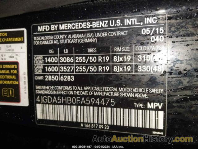 MERCEDES-BENZ ML 350 4MATIC, 4JGDA5HB0FA594475
