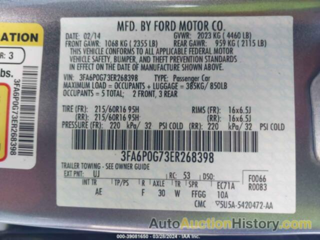 FORD FUSION S, 3FA6P0G73ER268398