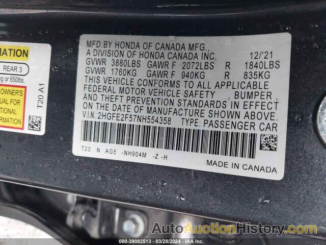 HONDA CIVIC SPORT, 2HGFE2F57NH554358