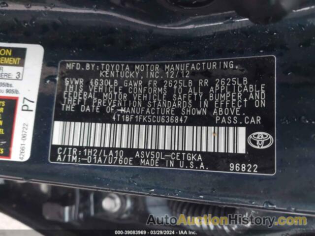 TOYOTA CAMRY XLE, 4T1BF1FK5CU636847