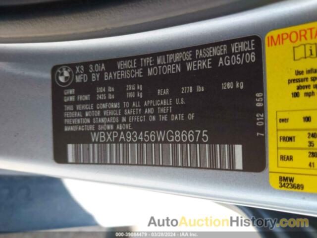 BMW X3 3.0I, WBXPA93456WG86675