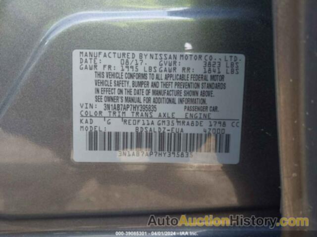 NISSAN SENTRA S/SV/SR/SL, 3N1AB7AP7HY395835