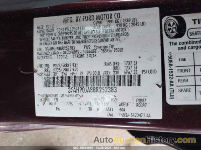 FORD FUSION SEL, 3FAHP0JA8BR252383