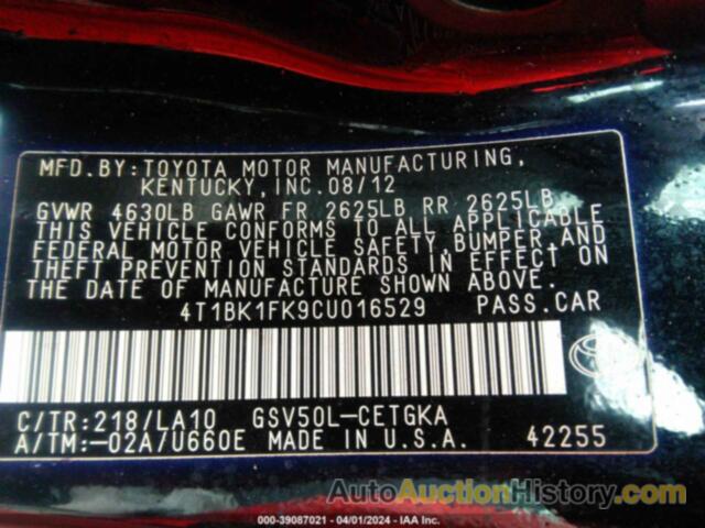 TOYOTA CAMRY SE/XLE, 4T1BK1FK9CU016529