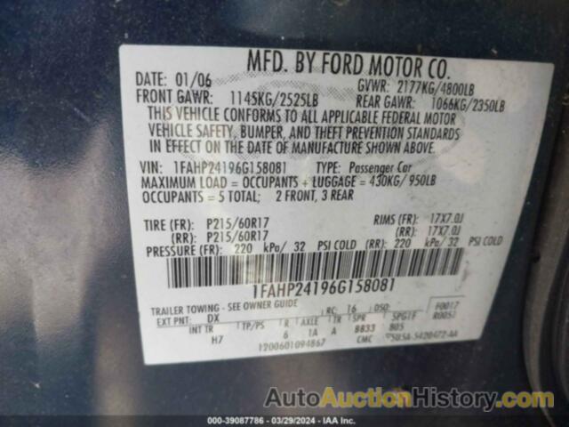 FORD FIVE HUNDRED SEL, 1FAHP24196G158081