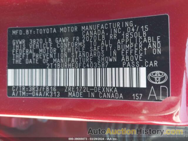 TOYOTA COROLLA LE, 2T1BURHE0FC403587