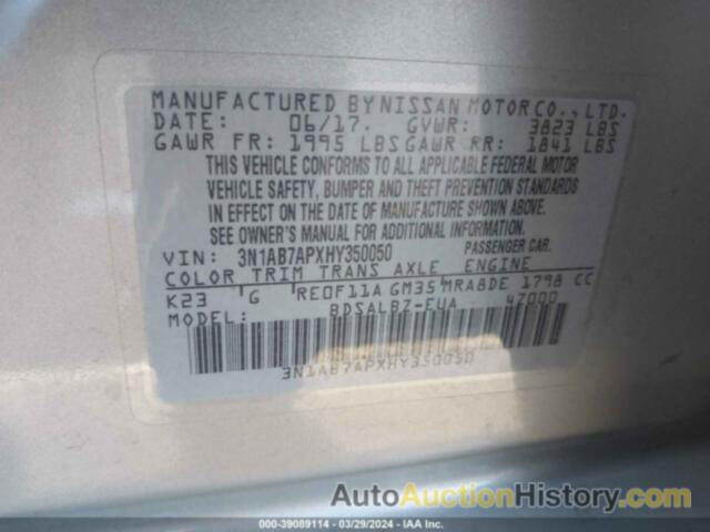 NISSAN SENTRA S, 3N1AB7APXHY350050