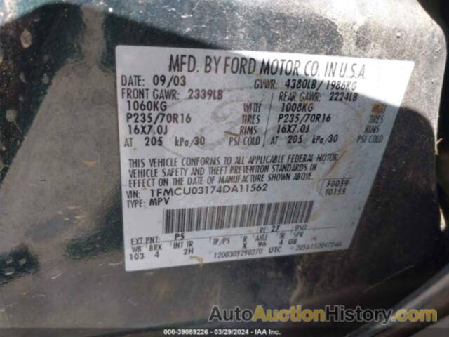 FORD ESCAPE XLT, 1FMCU03174DA11562