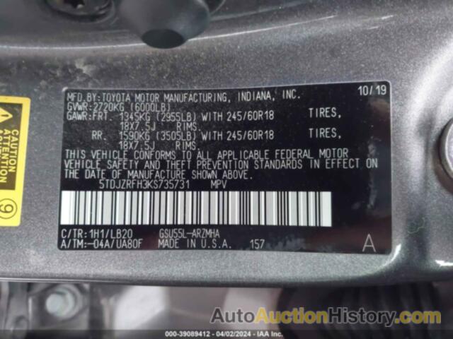 TOYOTA HIGHLANDER XLE, 5TDJZRFH3KS735731