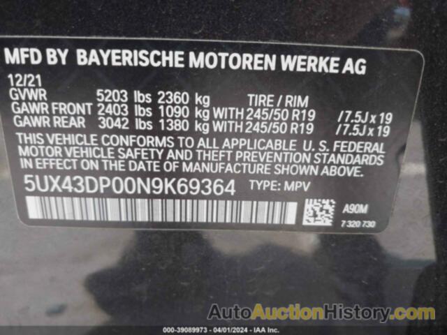 BMW X3 SDRIVE30I, 5UX43DP00N9K69364