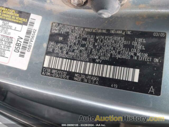 TOYOTA SIENNA XLE, 5TDZA22C15S310556