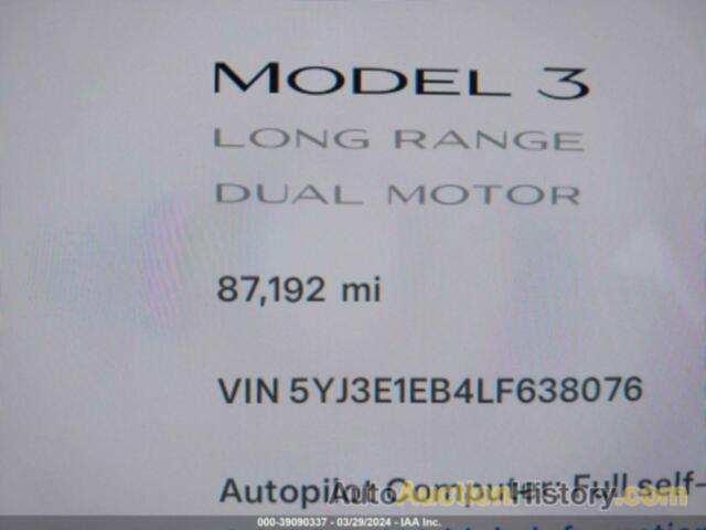 TESLA MODEL 3 LONG RANGE DUAL MOTOR ALL-WHEEL DRIVE, 5YJ3E1EB4LF638076