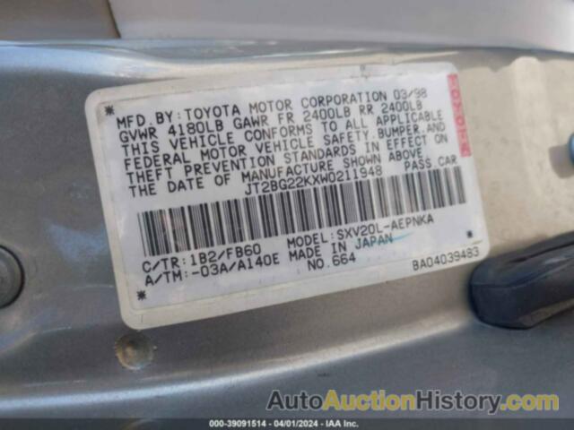 TOYOTA CAMRY LE, JT2BG22KXW0211948