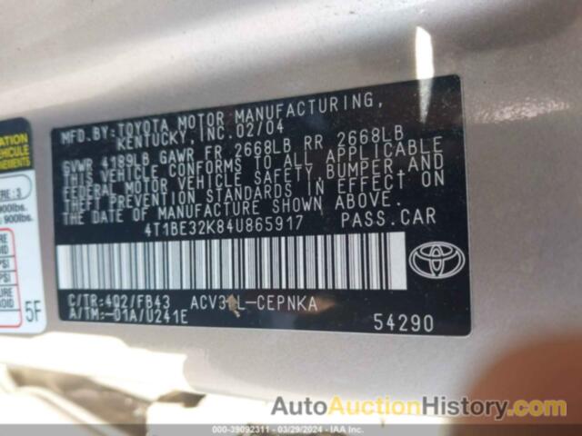 TOYOTA CAMRY LE, 4T1BE32K84U865917
