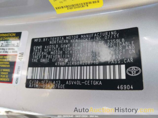 TOYOTA CAMRY XLE, 4T4BF3EK6BR208710