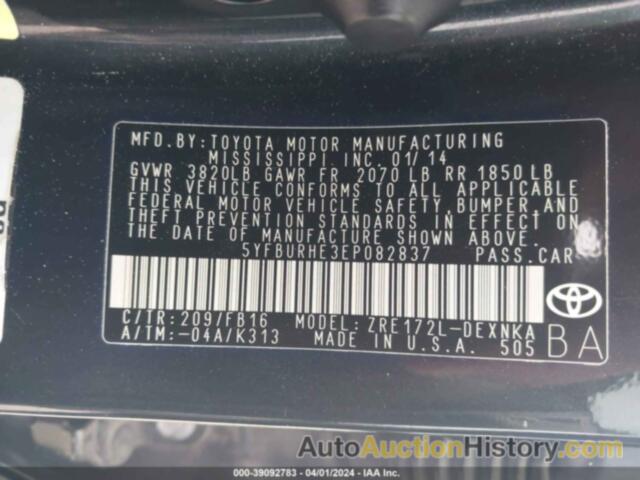 TOYOTA COROLLA L/LE/LE PLS/PRM/S/S PLS, 5YFBURHE3EP082837