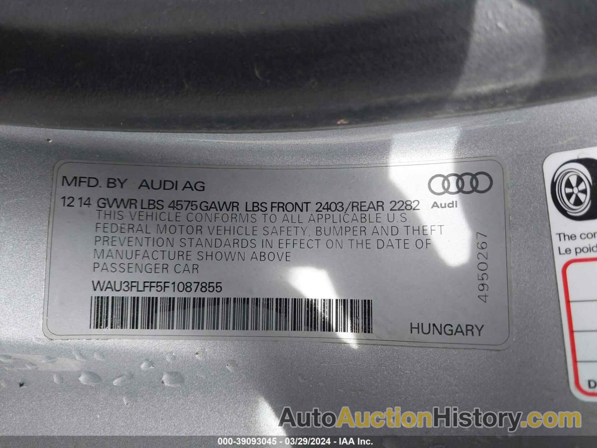 AUDI A3 2.0T PREMIUM, WAU3FLFF5F1087855