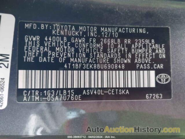 TOYOTA CAMRY SE/LE/XLE, 4T1BF3EK8BU690848