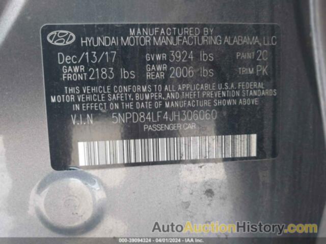 HYUNDAI ELANTRA SEL, 5NPD84LF4JH306060