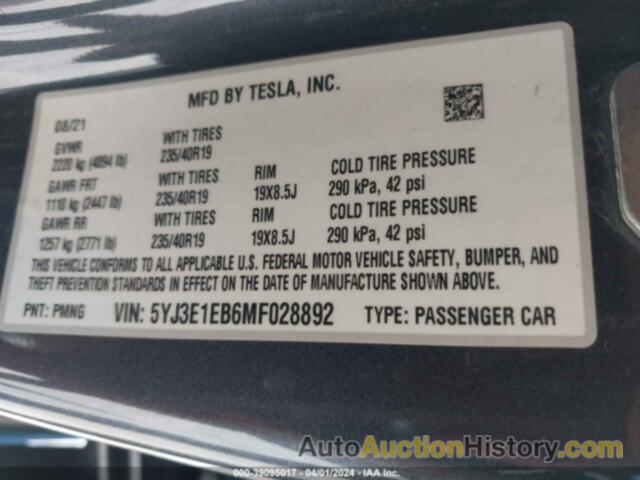 TESLA MODEL 3 LONG RANGE DUAL MOTOR ALL-WHEEL DRIVE, 5YJ3E1EB6MF028892