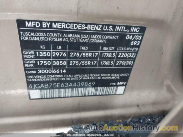 MERCEDES-BENZ ML 500, 4JGAB75E63A439869