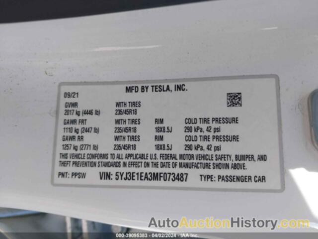 TESLA MODEL 3, 5YJ3E1EA3MF073487