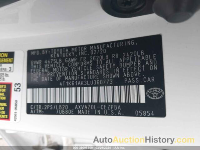 TOYOTA CAMRY XSE, 4T1K61AK3LU360773