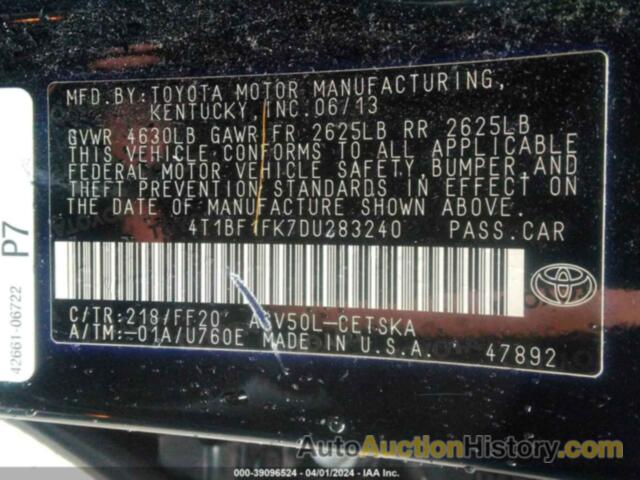 TOYOTA CAMRY L/SE/LE/XLE, 4T1BF1FK7DU283240