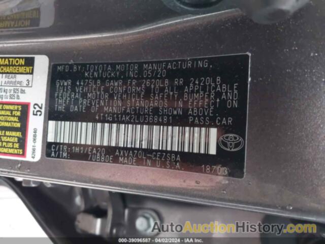 TOYOTA CAMRY SE, 4T1G11AK2LU368481