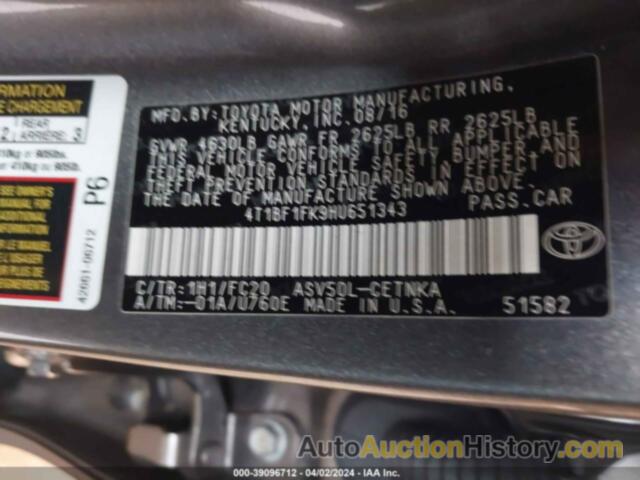 TOYOTA CAMRY LE/XLE/SE/XSE, 4T1BF1FK9HU651343