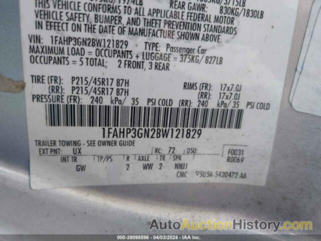 FORD FOCUS SES, 1FAHP3GN2BW121829