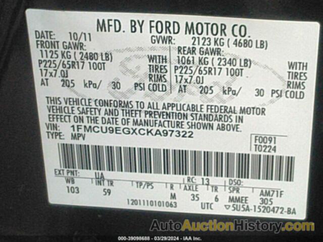 FORD ESCAPE LIMITED, 1FMCU9EGXCKA97322