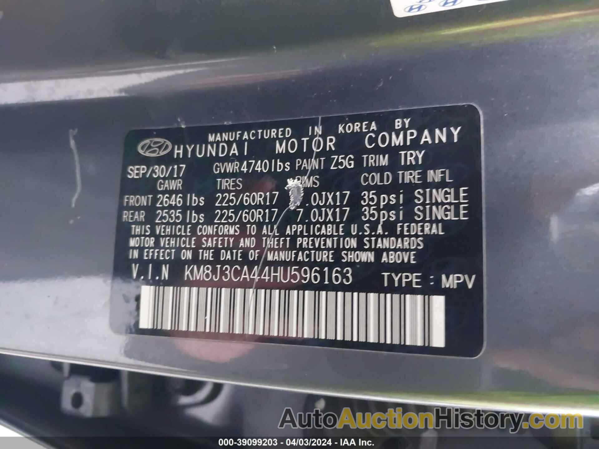 HYUNDAI TUCSON SE, KM8J3CA44HU596163